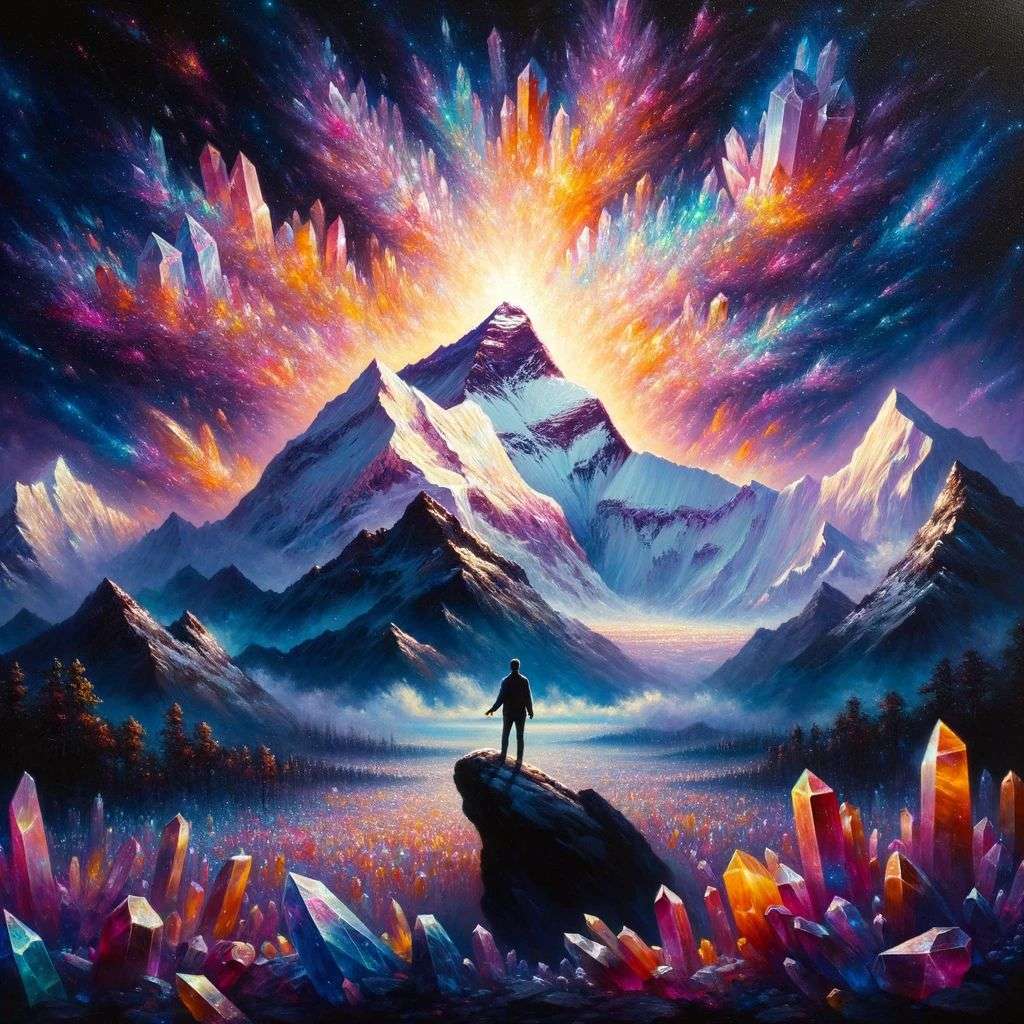 someone gazing at Mount Everest, covered in exploding crystals